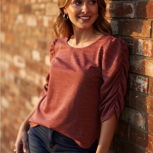 Max Studio Rust Ruched Sleeve Blouse